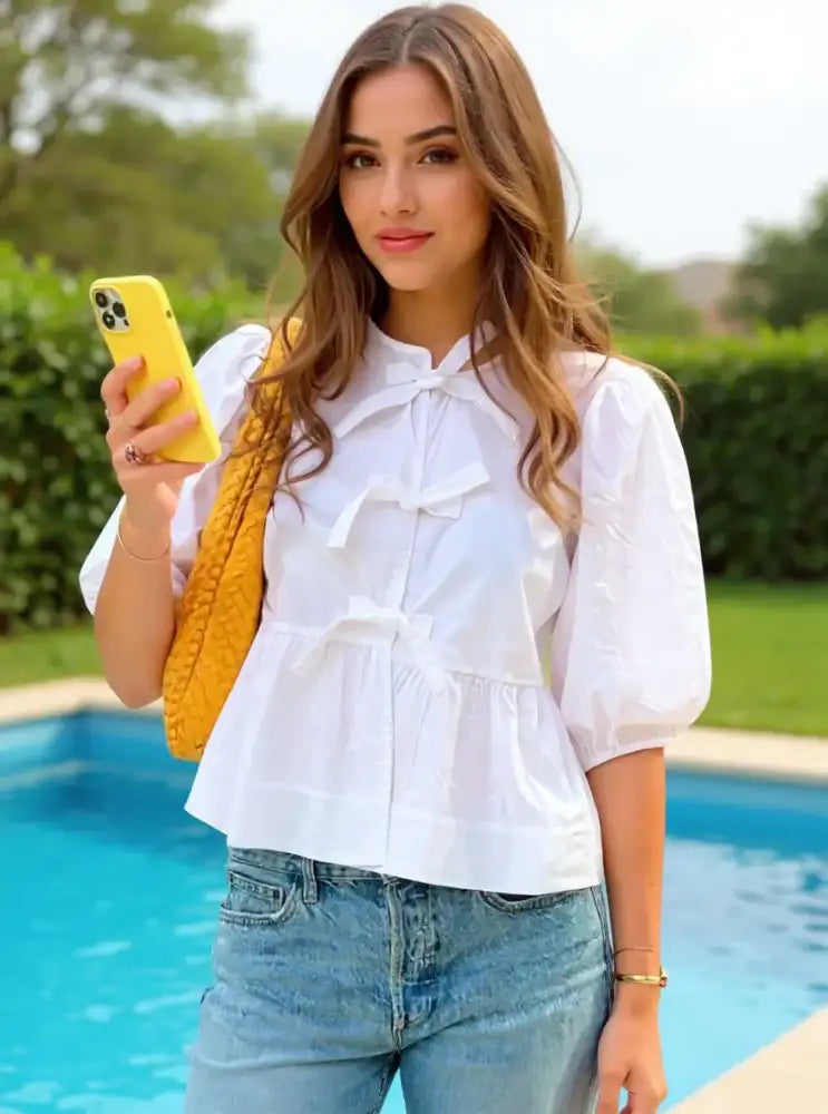 Puff Sleeve Bow Tie Blouse