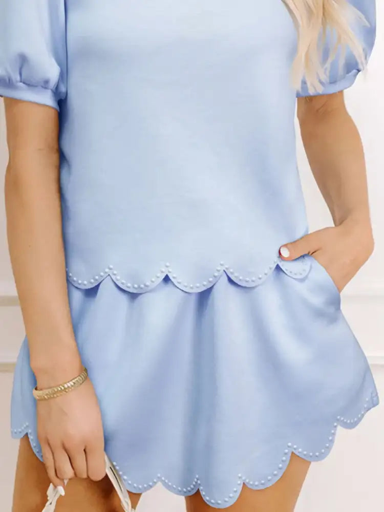 Puff Sleeve Pearl Embellished Scallop Trim Top and Skort Set