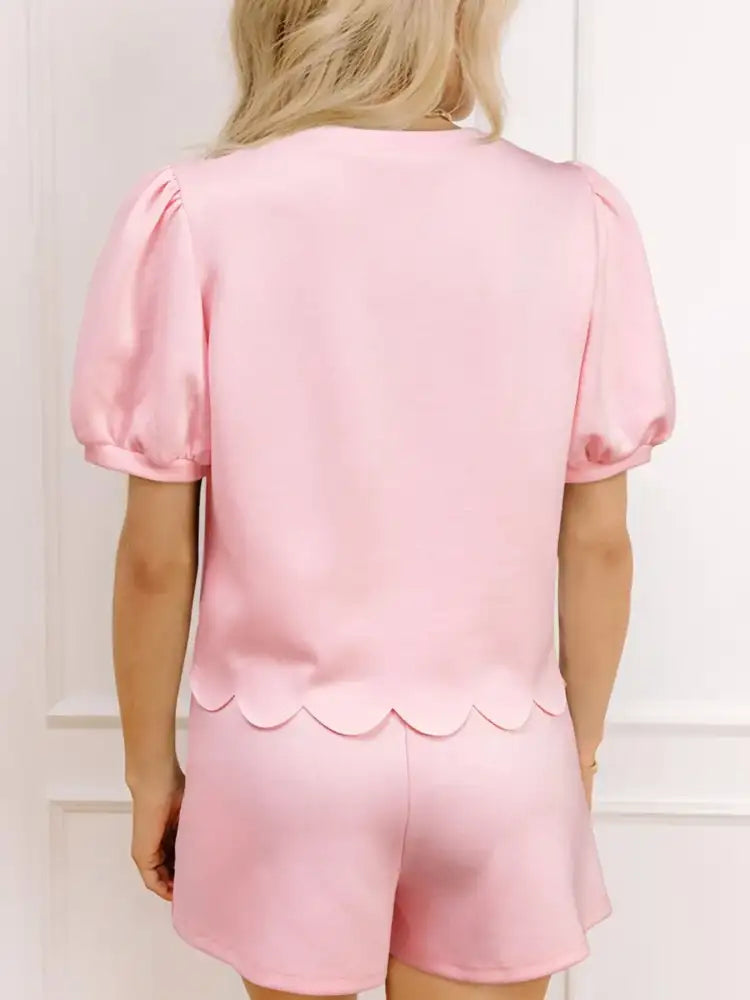 Puff Sleeve Pearl Embellished Scallop Trim Top and Skort Set