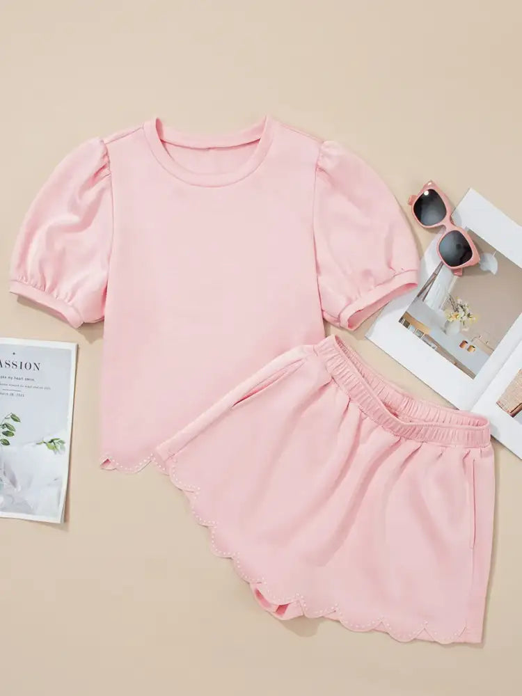 Puff Sleeve Pearl Embellished Scallop Trim Top and Skort Set