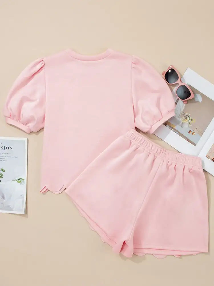 Puff Sleeve Pearl Embellished Scallop Trim Top and Skort Set