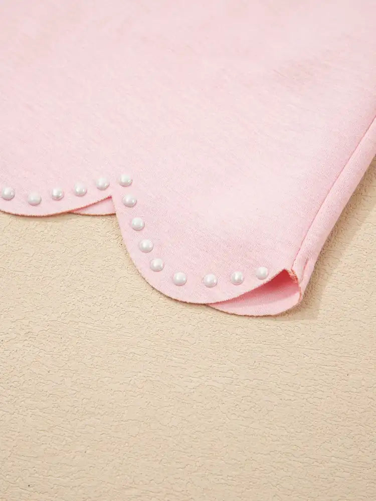 Puff Sleeve Pearl Embellished Scallop Trim Top and Skort Set