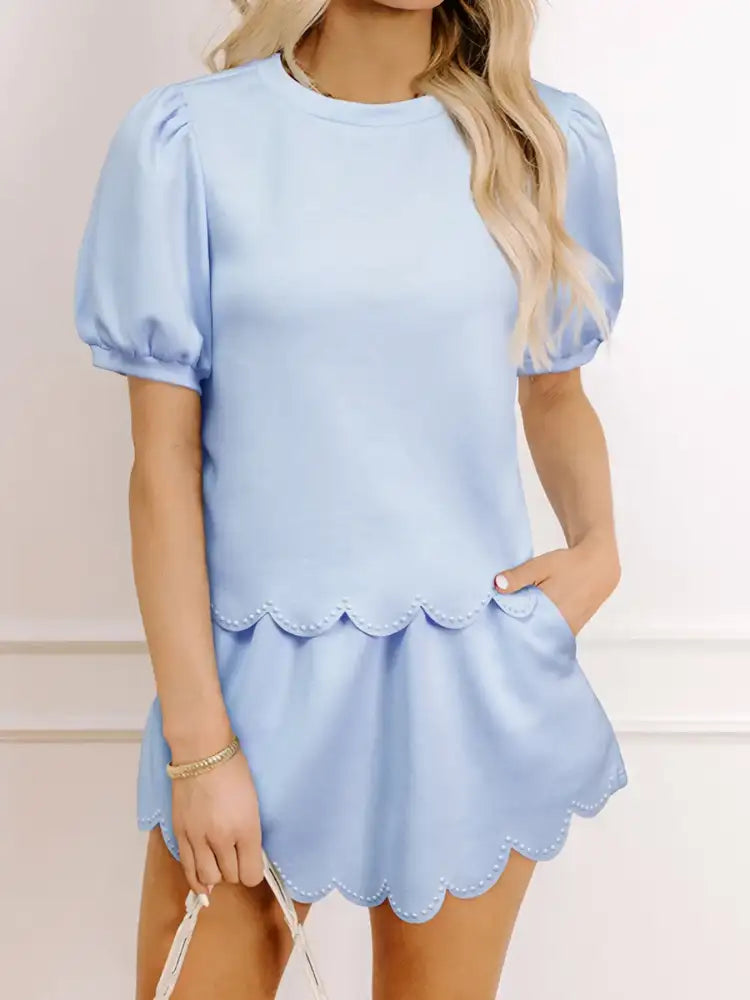 Puff Sleeve Pearl Embellished Scallop Trim Top and Skort Set