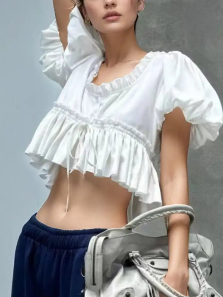 Puff Sleeve Ruffle Crop Blouse