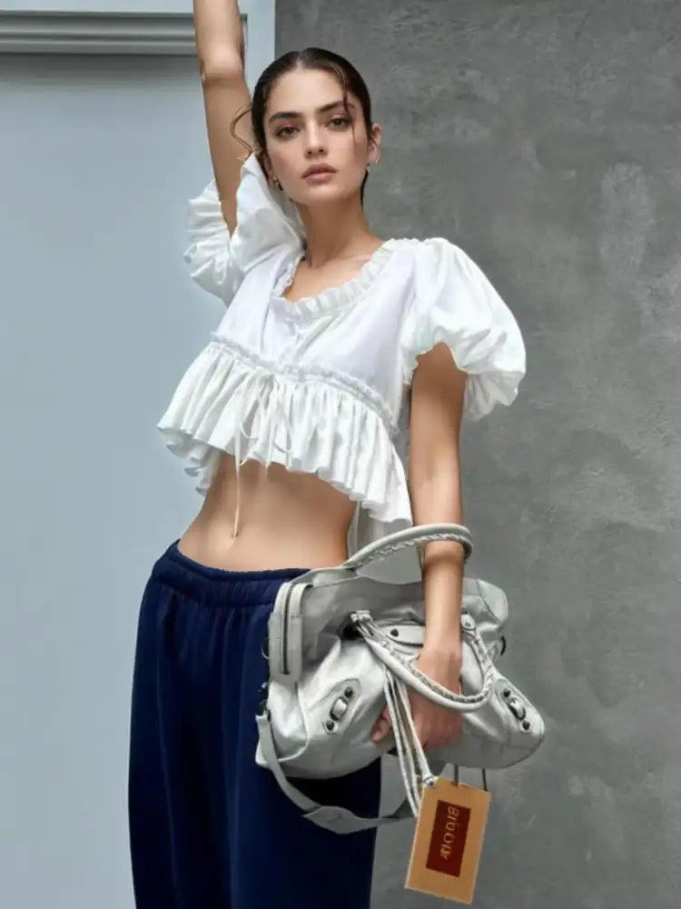 Puff Sleeve Ruffle Crop Blouse