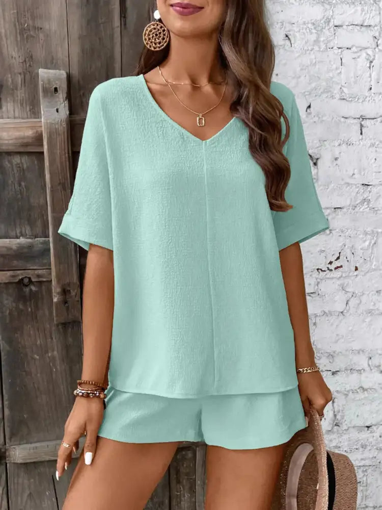 Relaxed Fit V-Neck Top and Shorts Two-Piece Set