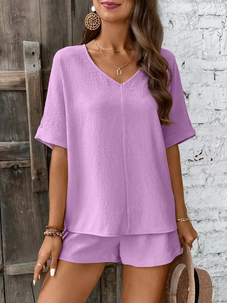 Relaxed Fit V-Neck Top and Shorts Two-Piece Set