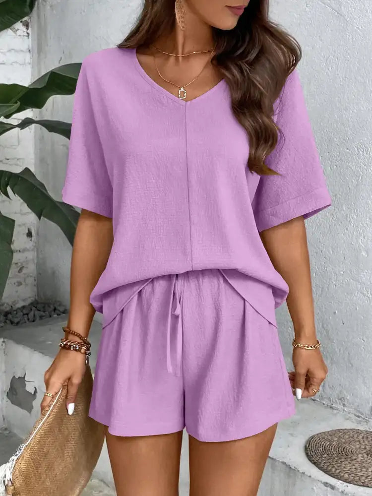 Relaxed Fit V-Neck Top and Shorts Two-Piece Set