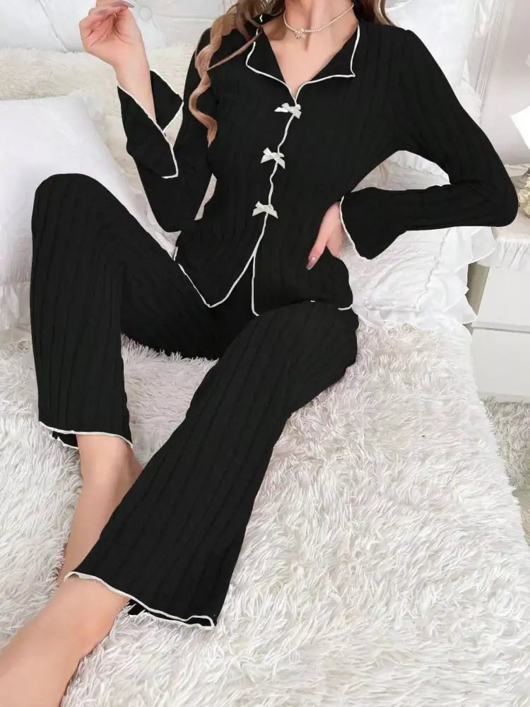Ribbed Bow Front Top and Pants Lounge Set