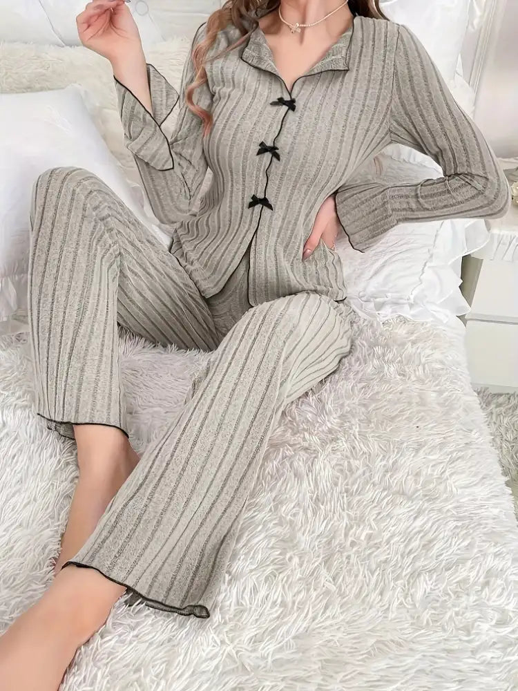 Ribbed Bow Front Top and Pants Lounge Set