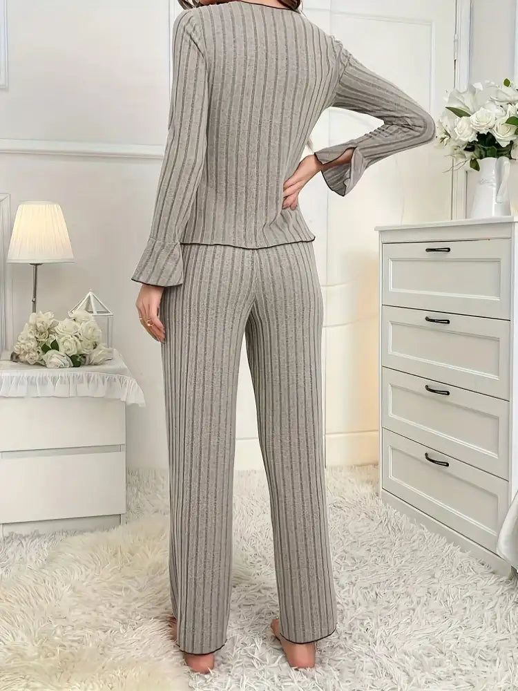 Ribbed Bow Front Top and Pants Lounge Set
