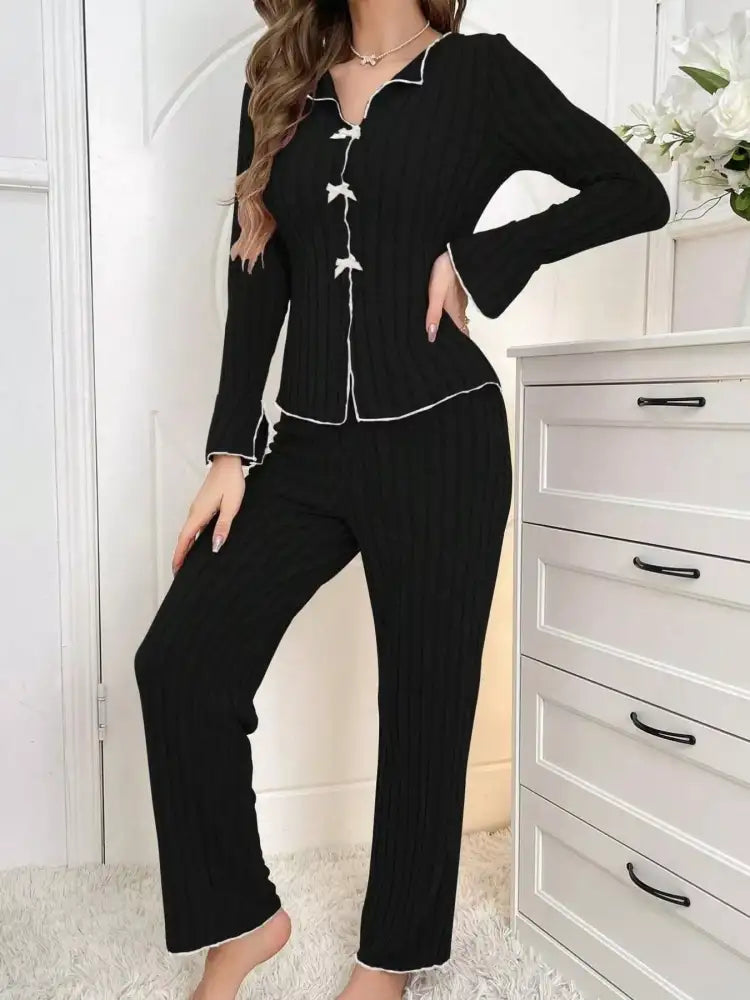 Ribbed Bow Front Top and Pants Lounge Set