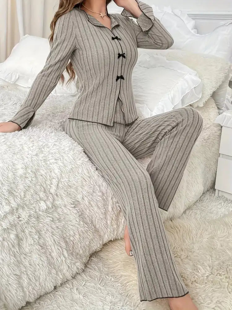 Ribbed Bow Front Top and Pants Lounge Set