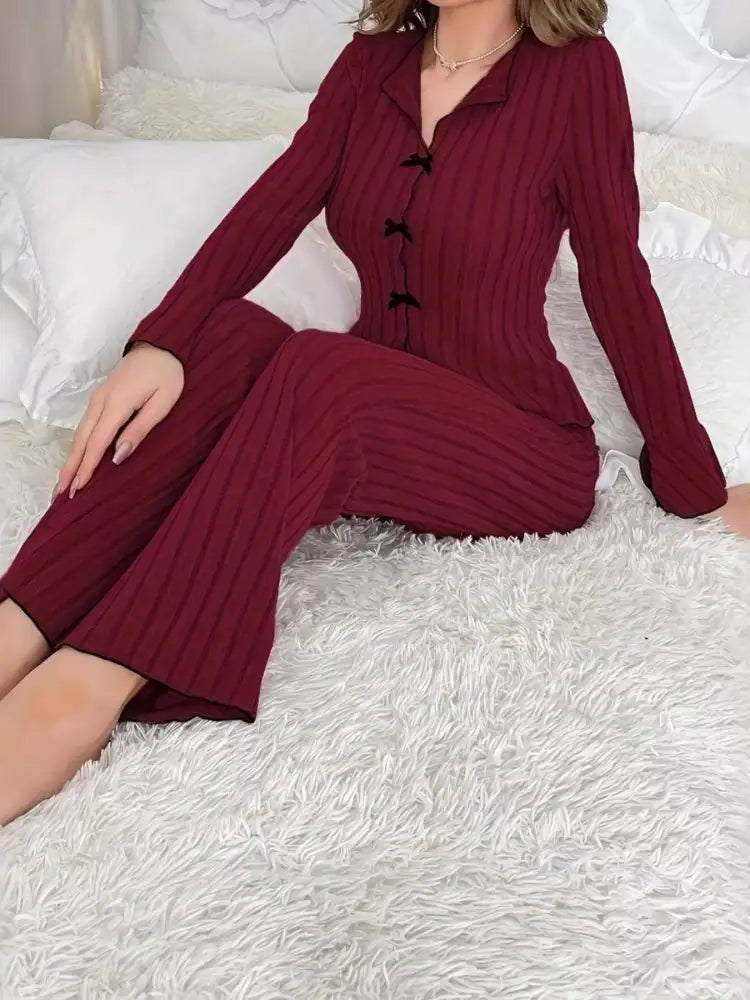 Ribbed Bow Front Top and Pants Lounge Set
