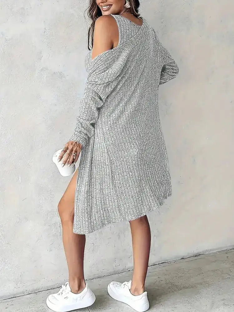 Ribbed Button Front Dress and Cardigan Sweater Set