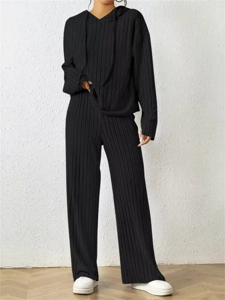 Ribbed Drawstring Hoodie and Pants Set