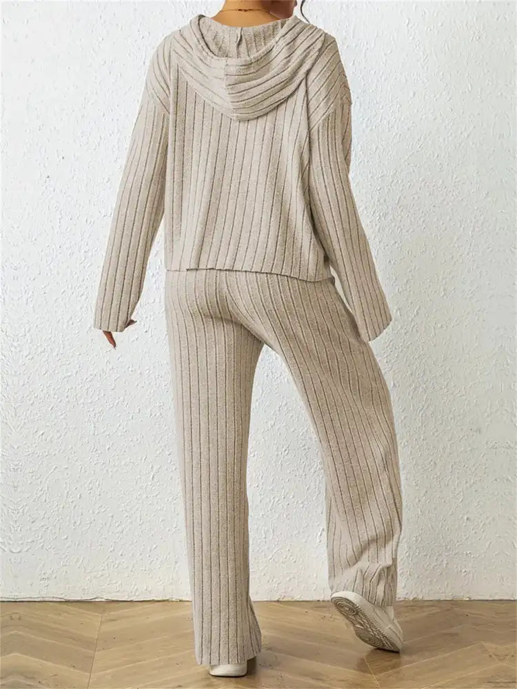 Ribbed Drawstring Hoodie and Pants Set