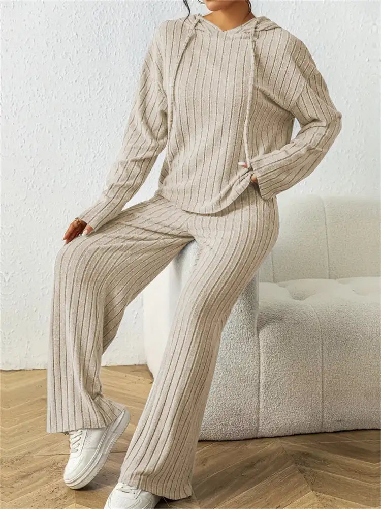 Ribbed Drawstring Hoodie and Pants Set