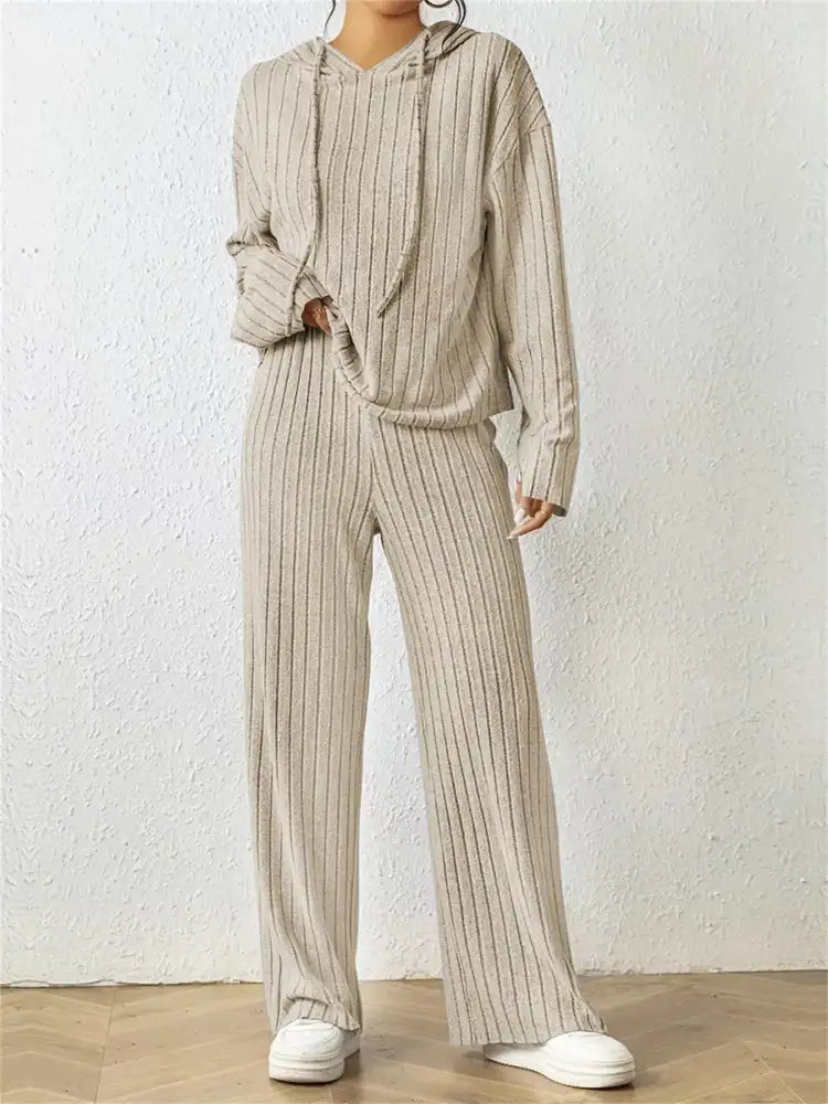 Ribbed Drawstring Hoodie and Pants Set