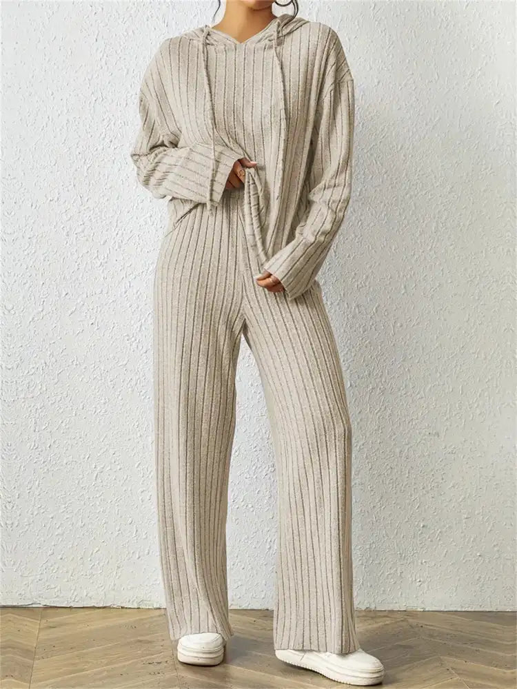 Ribbed Drawstring Hoodie and Pants Set