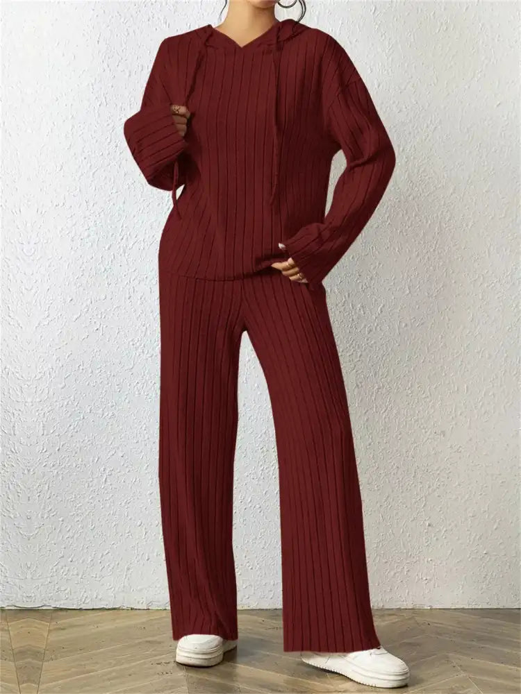 Ribbed Drawstring Hoodie and Pants Set