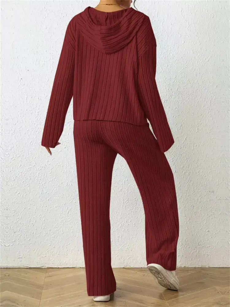 Ribbed Drawstring Hoodie and Pants Set