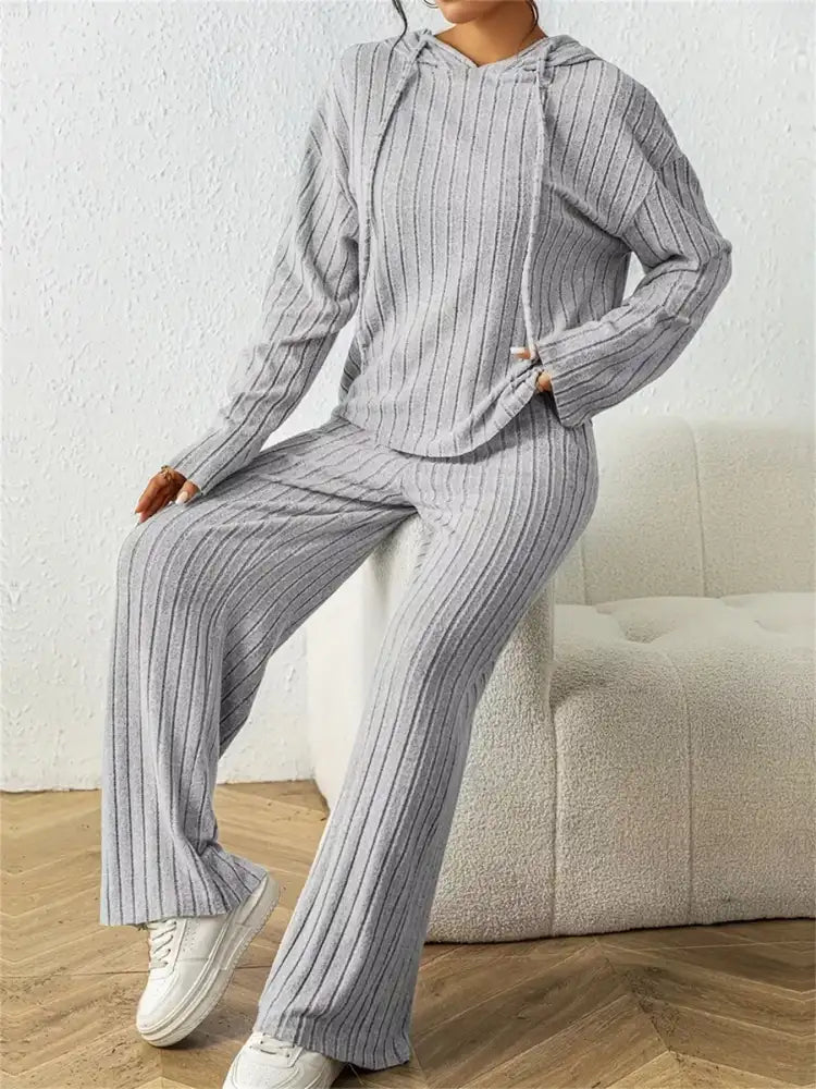 Ribbed Drawstring Hoodie and Pants Set