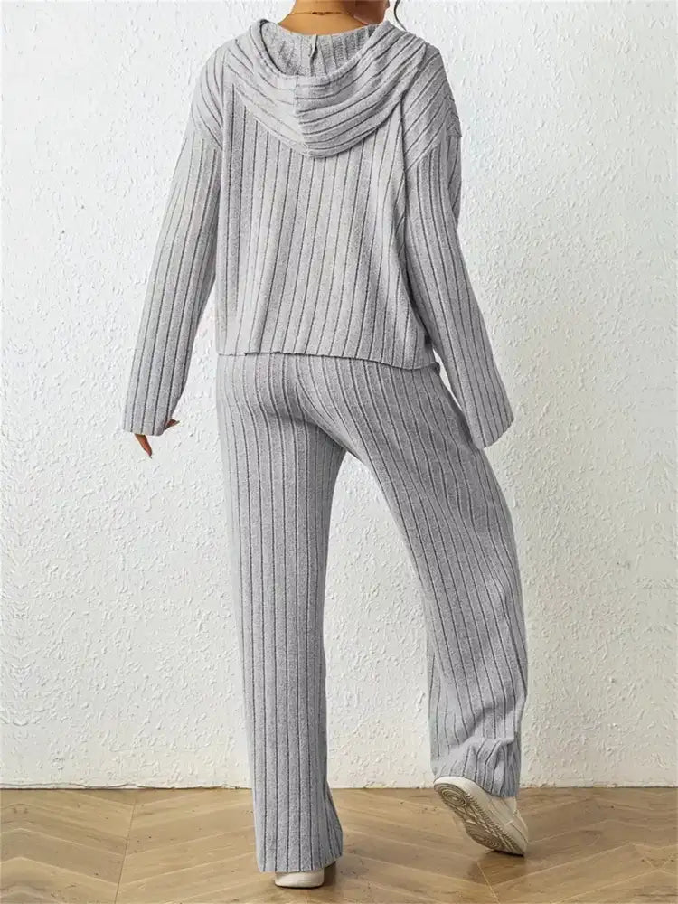 Ribbed Drawstring Hoodie and Pants Set