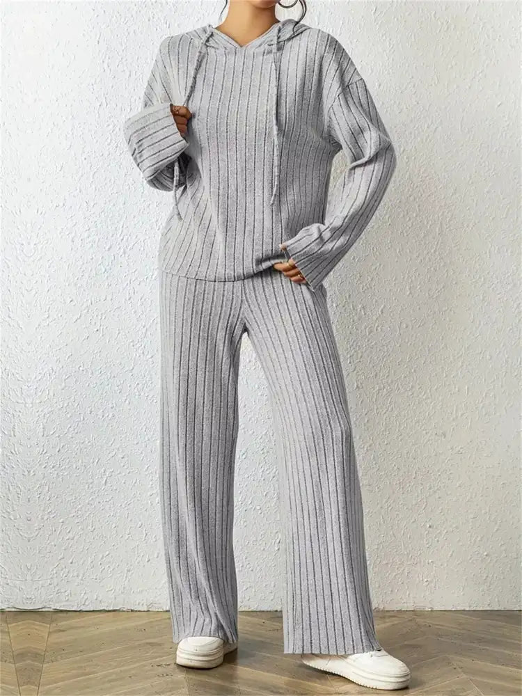 Ribbed Drawstring Hoodie and Pants Set