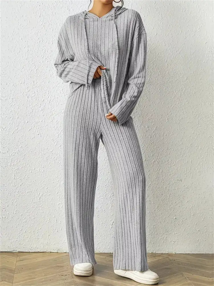 Ribbed Drawstring Hoodie and Pants Set