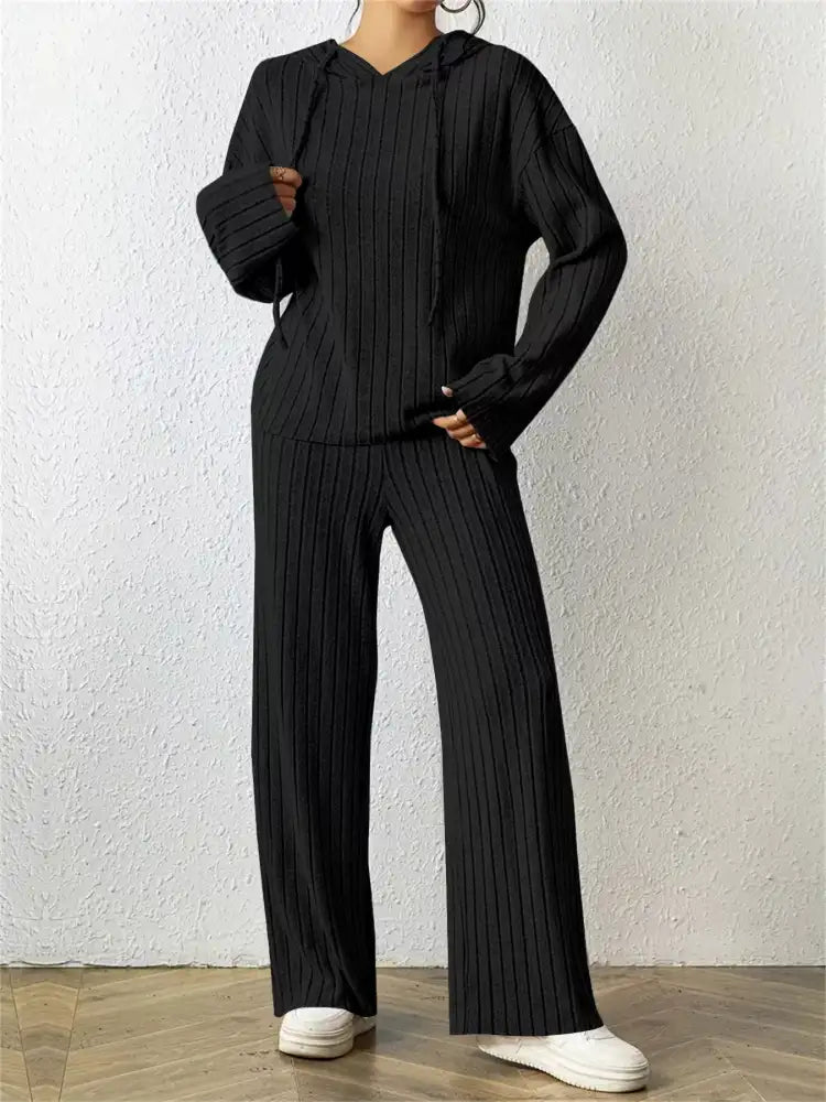 Ribbed Drawstring Hoodie and Pants Set