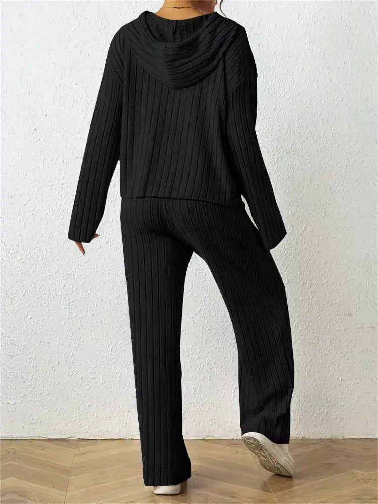 Ribbed Drawstring Hoodie and Pants Set
