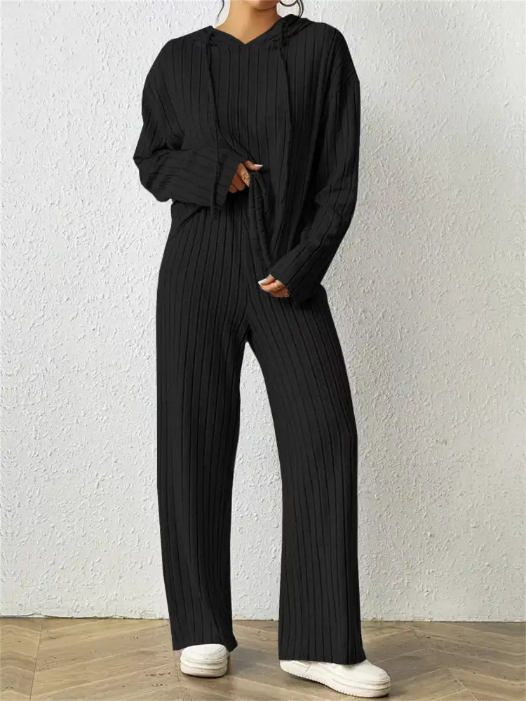 Ribbed Drawstring Hoodie and Pants Set