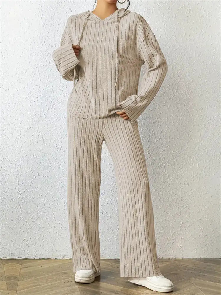 Ribbed Drawstring Hoodie and Pants Set