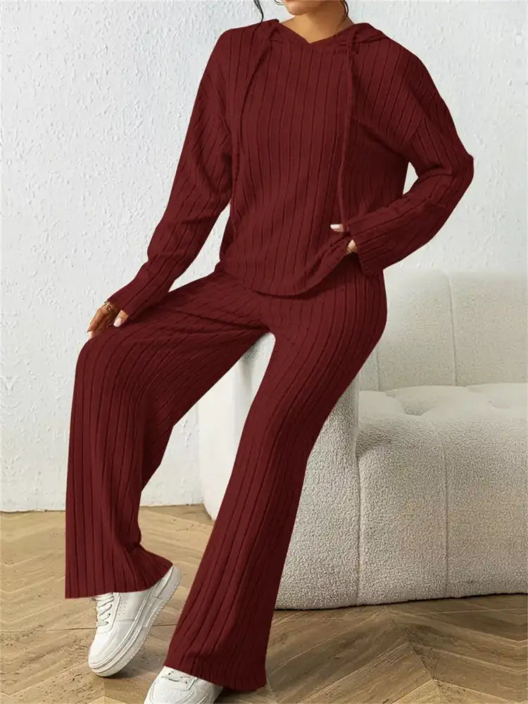 Ribbed Drawstring Hoodie and Pants Set