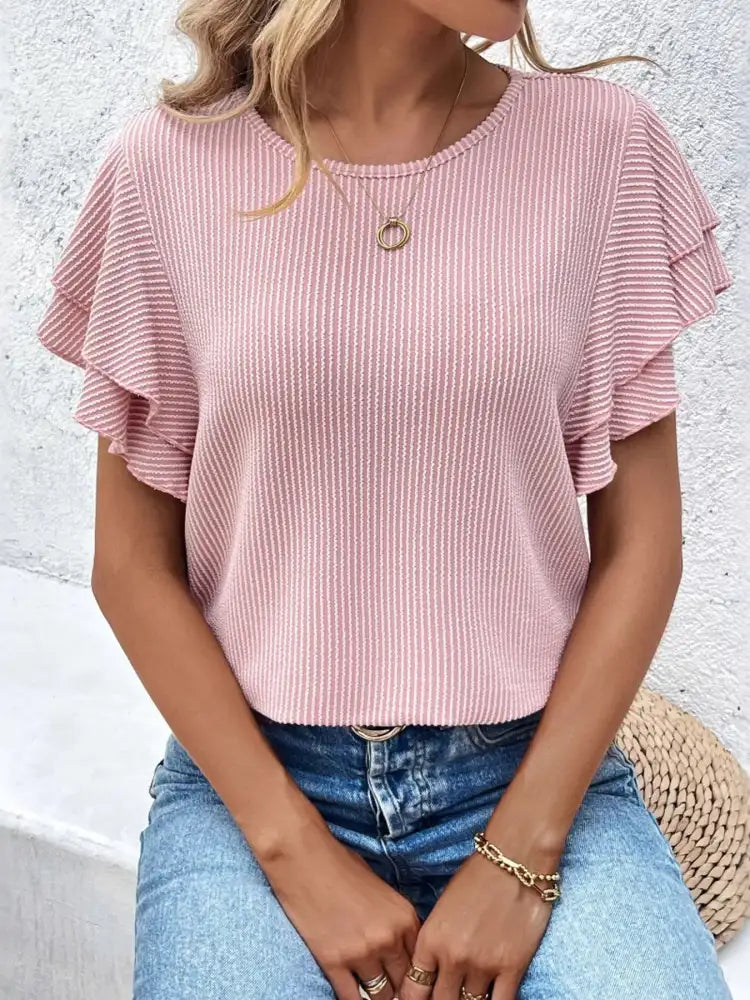 Ribbed Flutter Sleeve T-Shirt