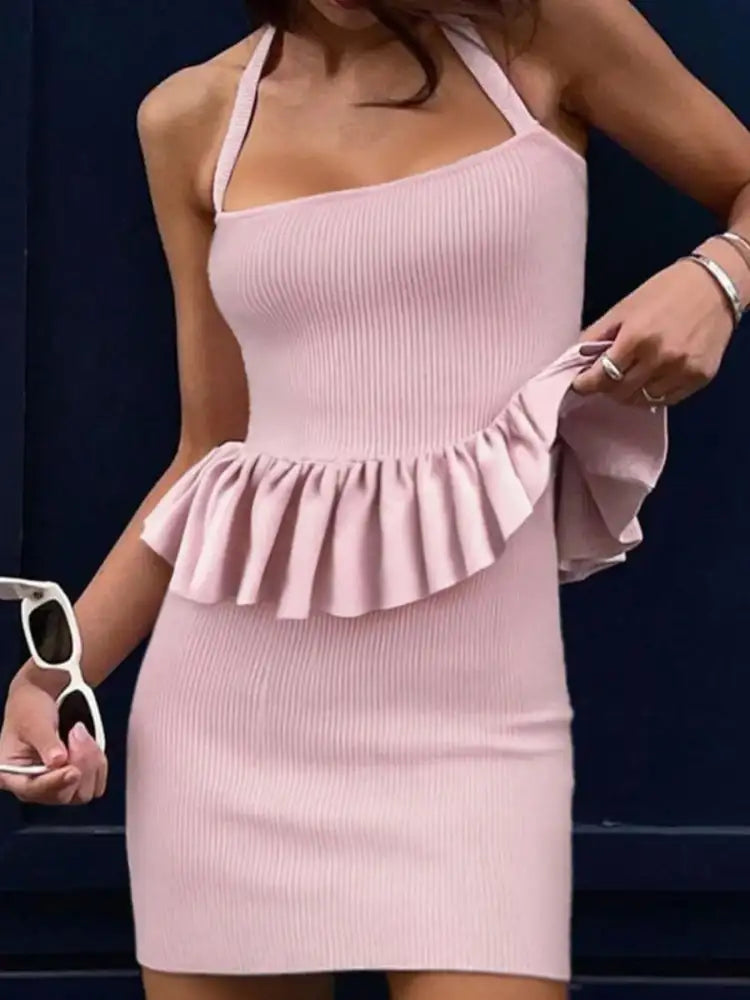 Ribbed Halter Neck Peplum Mini Dress