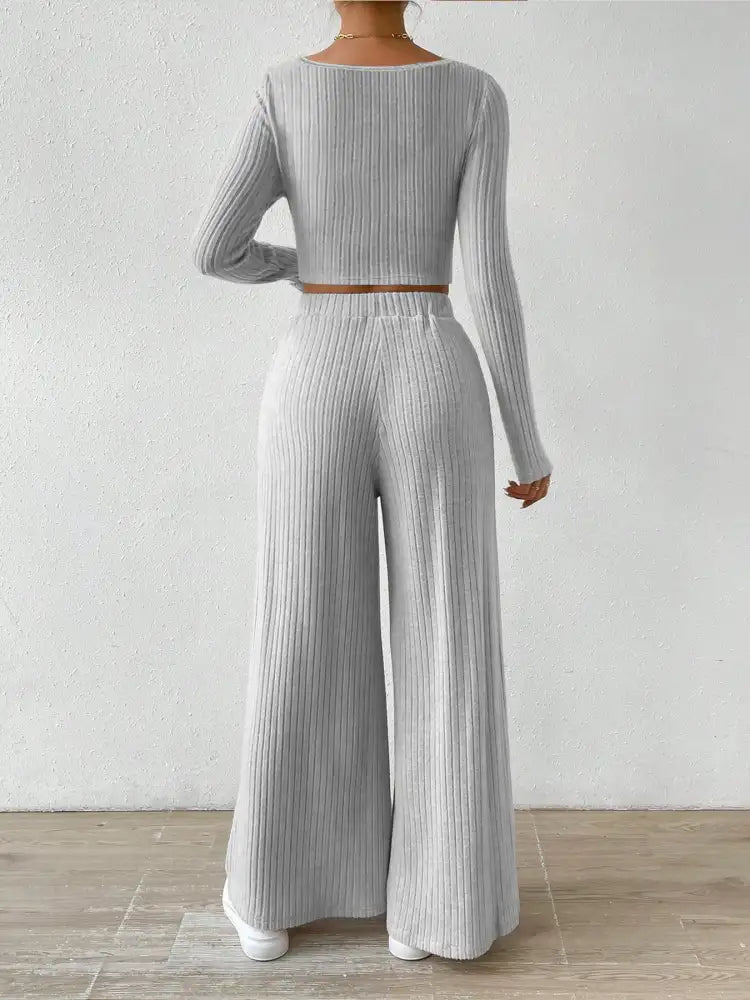Ribbed Knit Crop Top and Wide Leg Pants Set