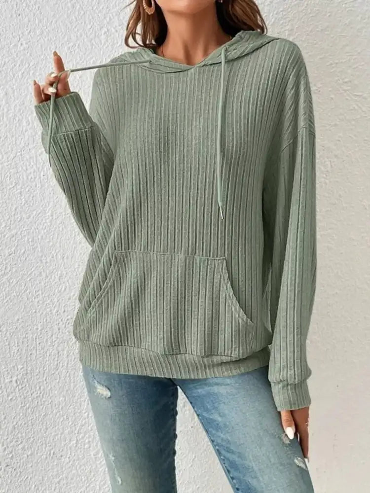 Ribbed Knit Long Sleeve Drawstring Hoodie