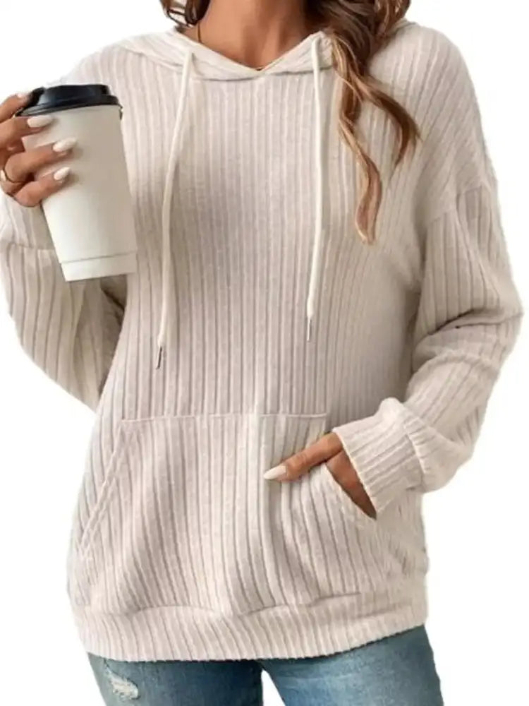 Ribbed Knit Long Sleeve Drawstring Hoodie