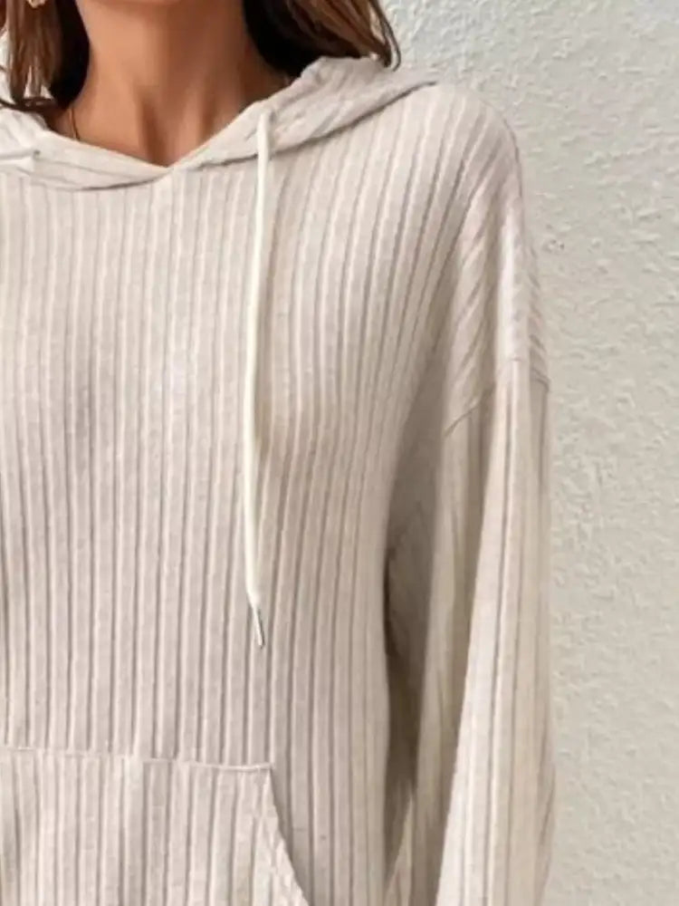 Ribbed Knit Long Sleeve Drawstring Hoodie