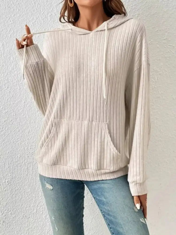 Ribbed Knit Long Sleeve Drawstring Hoodie