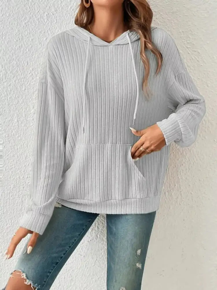 Ribbed Knit Long Sleeve Drawstring Hoodie