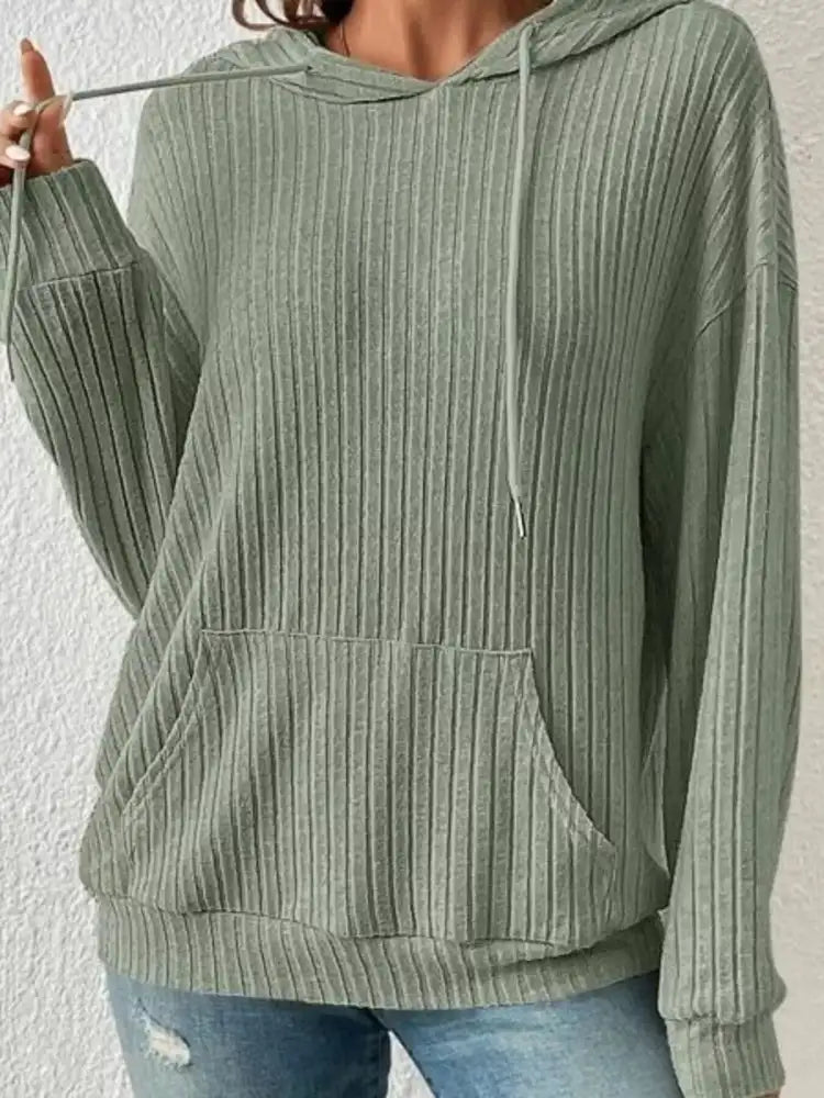 Ribbed Knit Long Sleeve Drawstring Hoodie