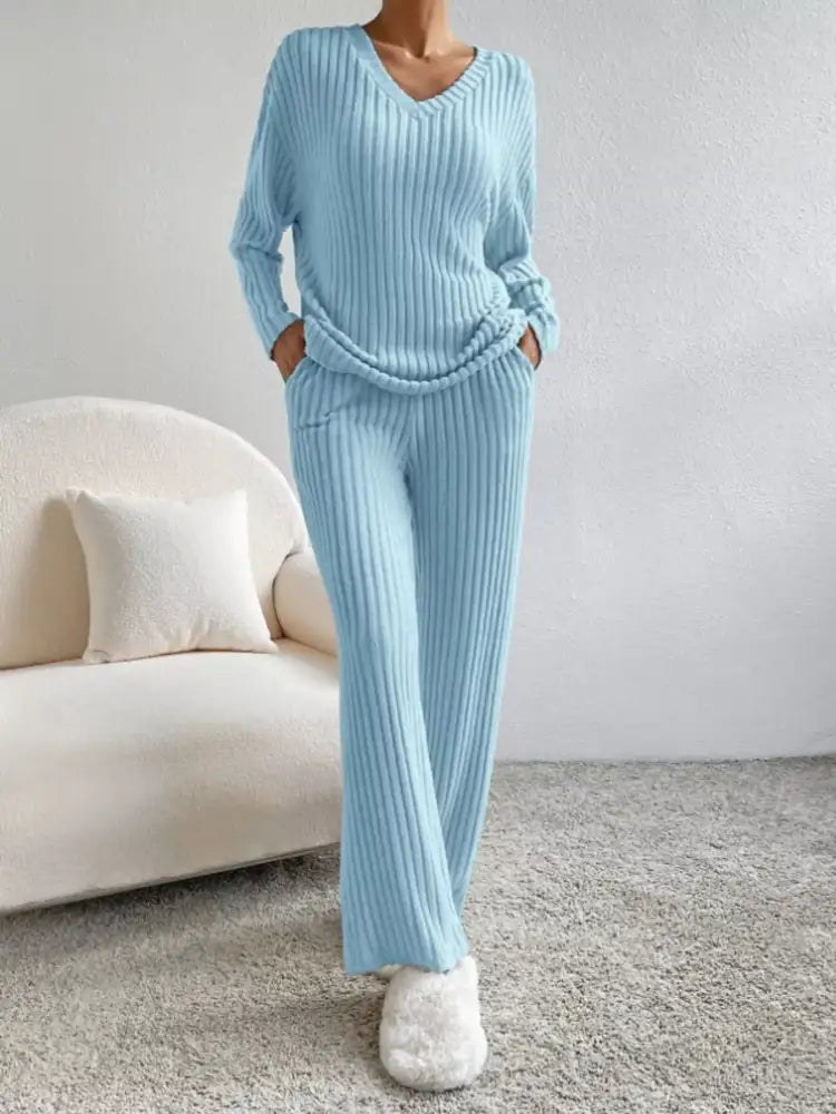 Ribbed Knit Long Sleeve Top and Pants Set