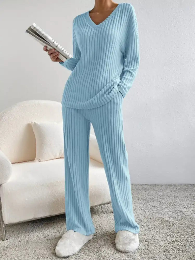 Ribbed Knit Long Sleeve Top and Pants Set