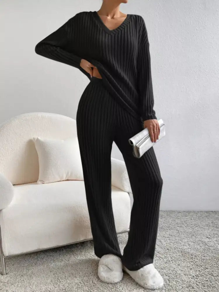 Ribbed Knit Long Sleeve Top and Pants Set