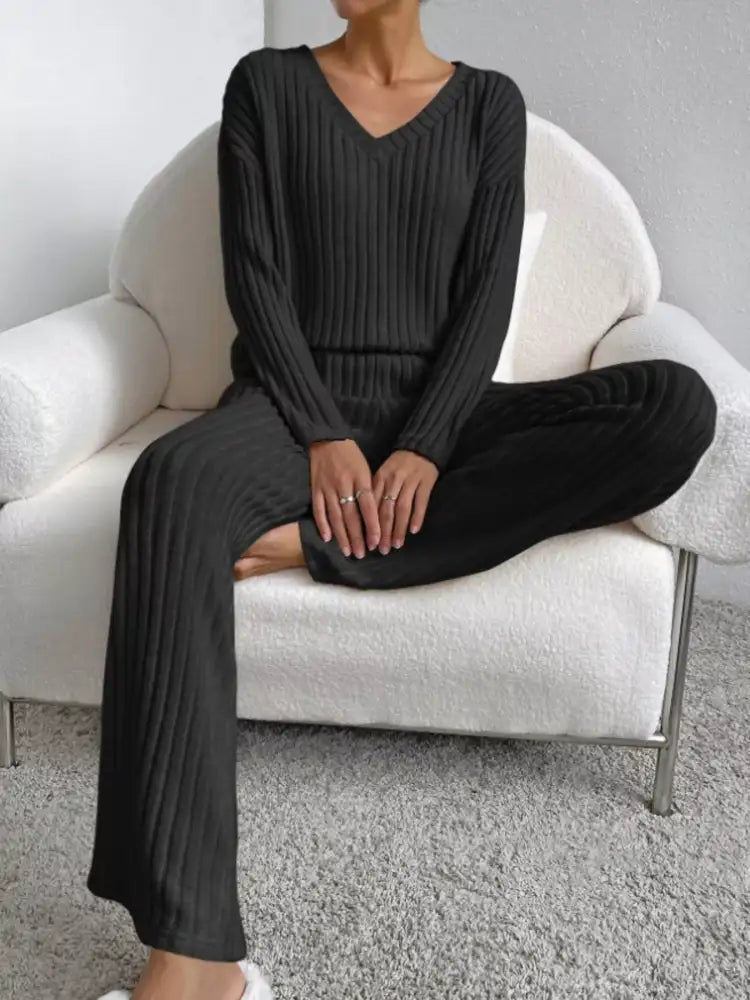 Ribbed Knit Long Sleeve Top and Pants Set