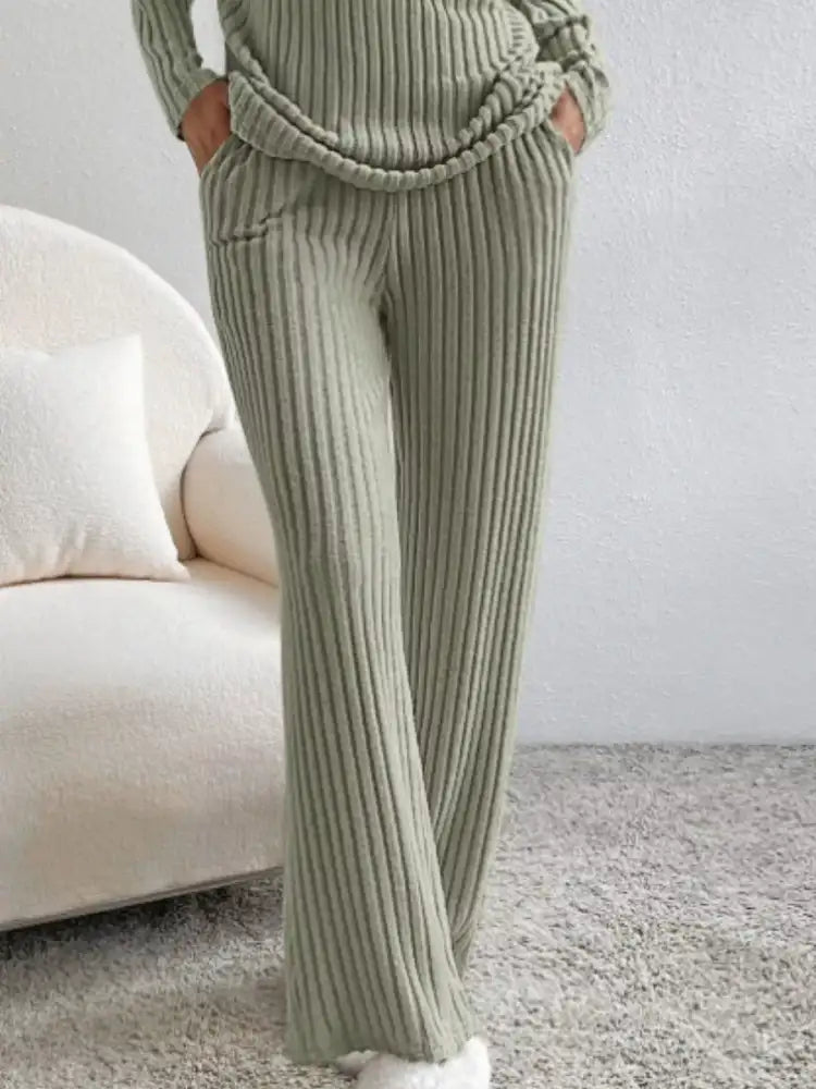 Ribbed Knit Long Sleeve Top and Pants Set