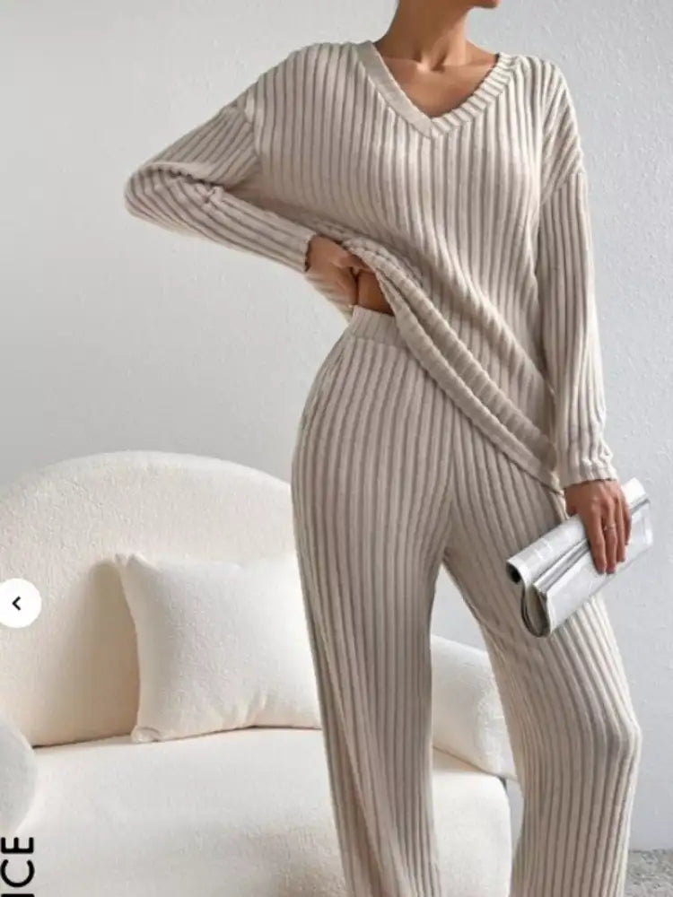 Ribbed Knit Long Sleeve Top and Pants Set